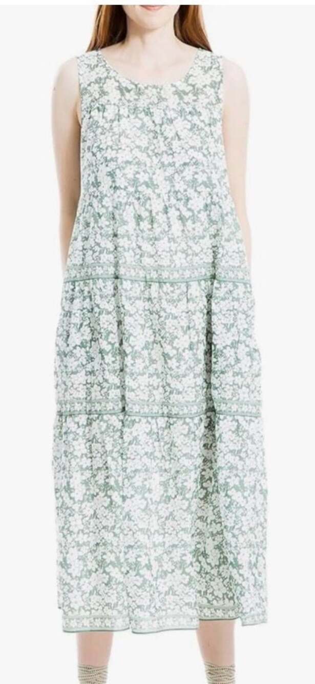 Max Studio Floral Tiered Sleeveless Maxi Dress  Large Green Summer Boho